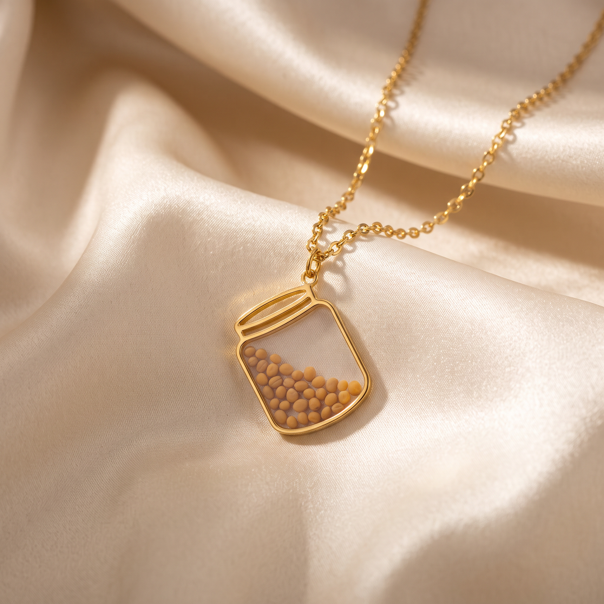 Jar of Mustard Seeds Necklace on Champagne Satin