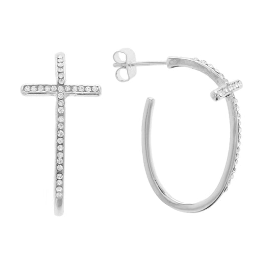 Silver Plated Oval Hoop Earrings w/Cross of Clear Crystals