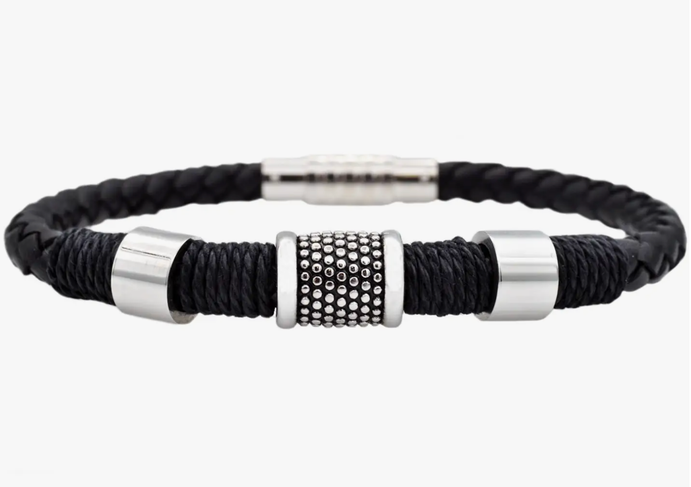 Men's Black Leather Stainless Steel Bracelet
