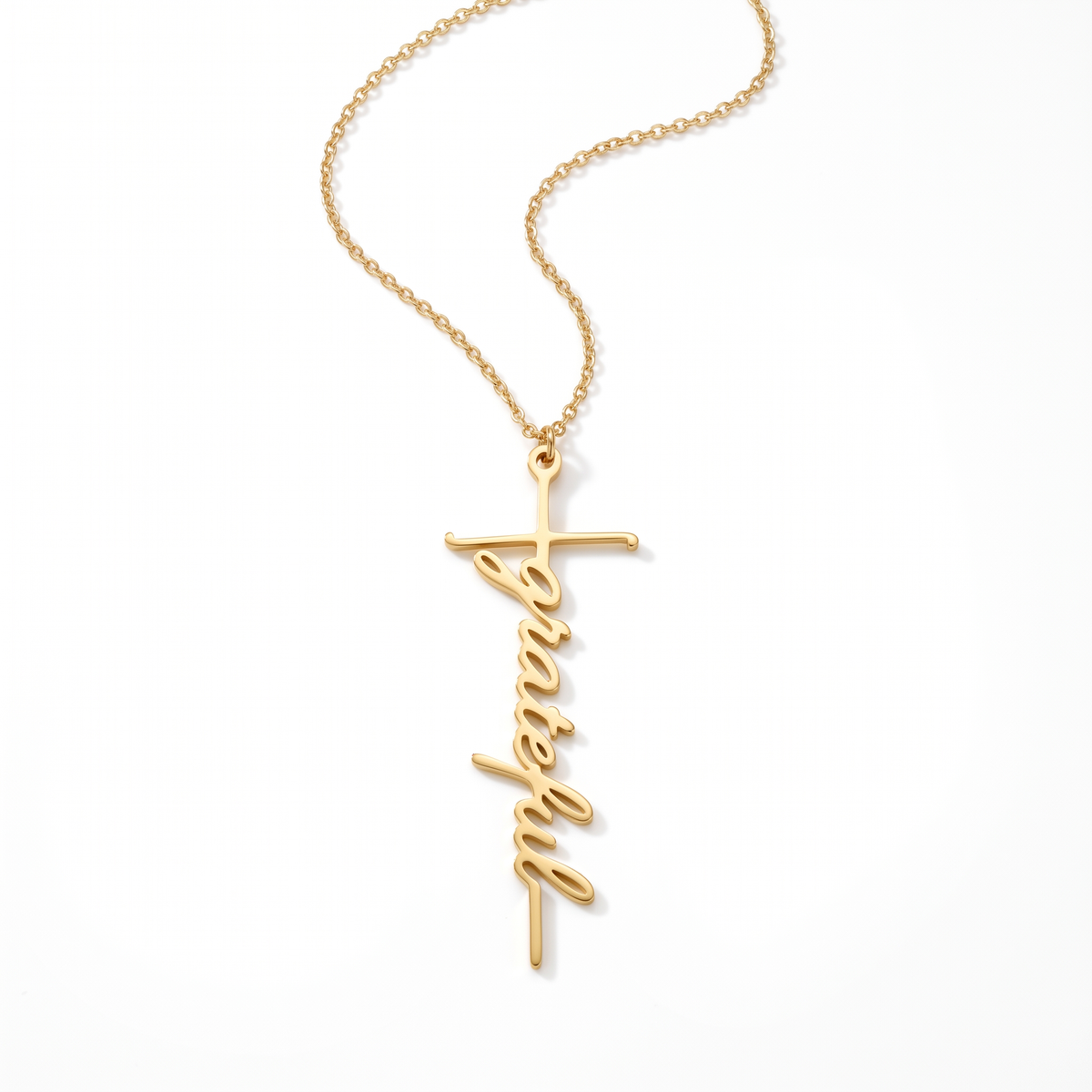 Grateful Script Cross Necklace Studio White Background