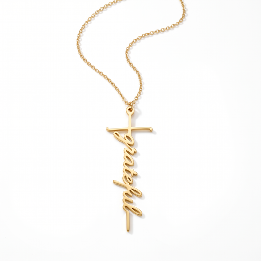 Grateful Script Cross Necklace Studio White Background