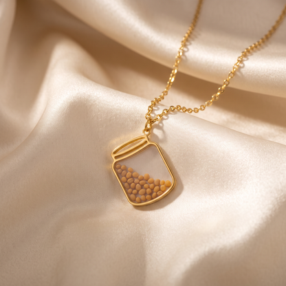 Jar of Mustard Seeds Necklace on Champagne Satin