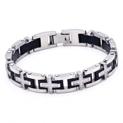 Men's Black 3 Wise Men Stainless Steel Cross Bracelet Studio White Background