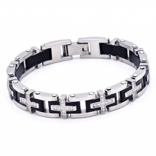 Men's Black 3 Wise Men Stainless Steel Cross Bracelet Studio White Background
