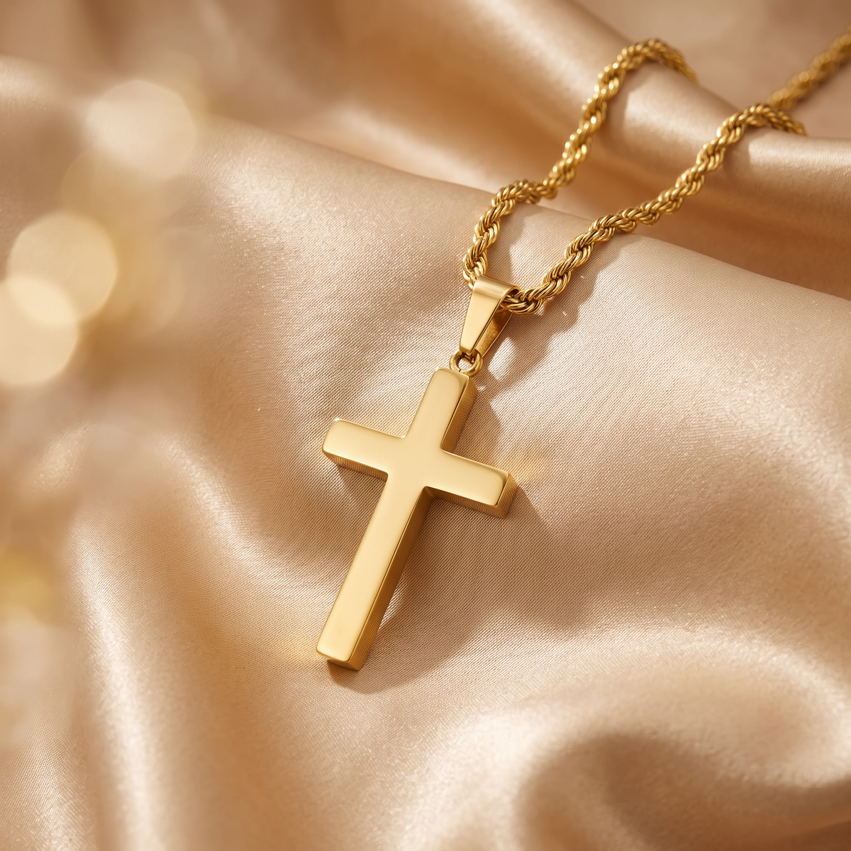 3 Wise Men Gold Stainless Steel Cross Pendant on Champagne Satin