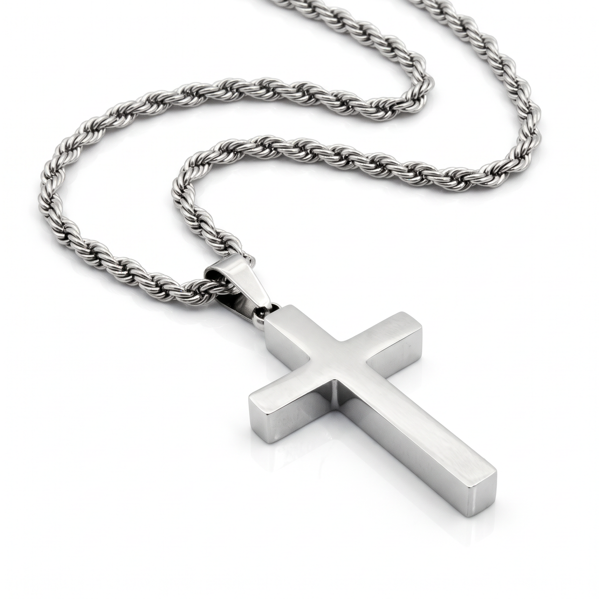 3 Wise Men Stainless Steel Silver Cross Necklace Studio White Background