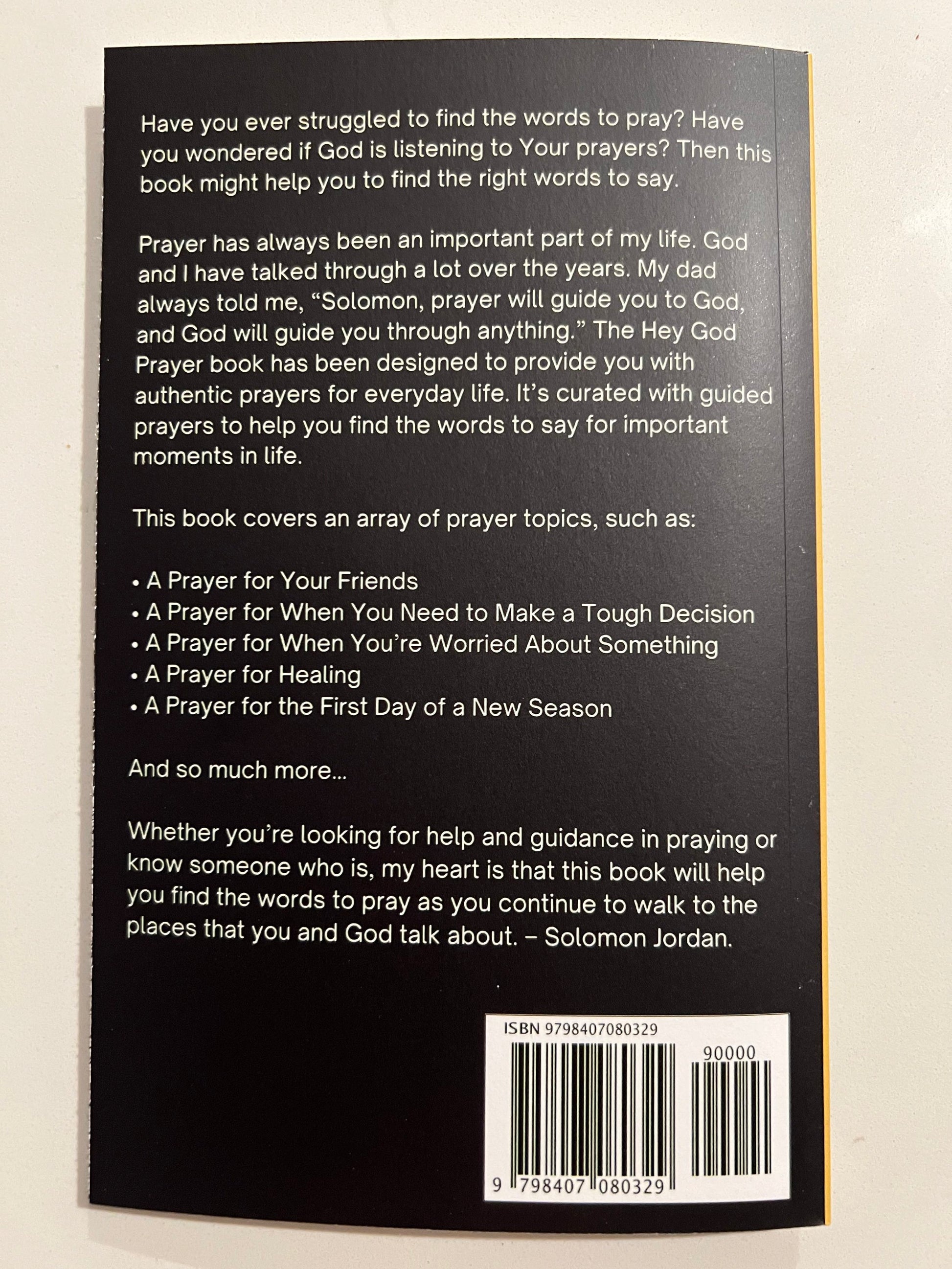 Back of the "Hey God" Prayer Book by Three Wise Gifts