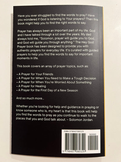 Back of the "Hey God" Prayer Book by Three Wise Gifts