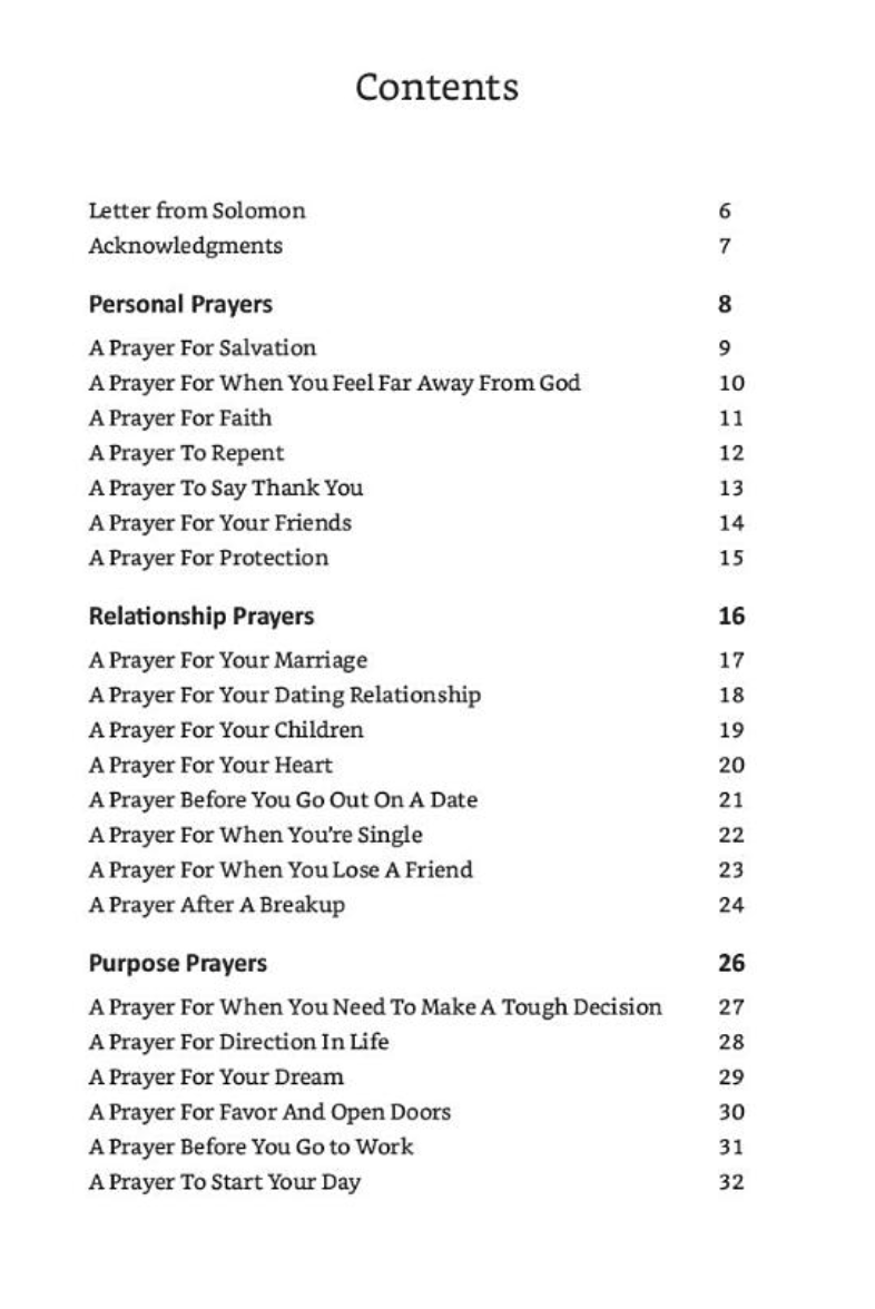 Table of Contents of Prayer Book by Three Wise Gifts